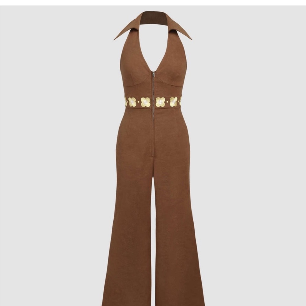 NWT Cider Floral Trim Corduroy Halter 70s Jumpsuit Size M